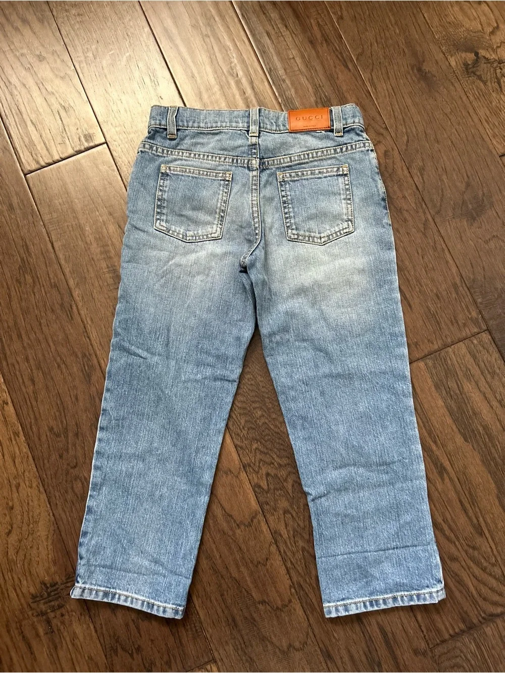 Gucci Light Blue Denim Jeans with Tan Leather Patch
